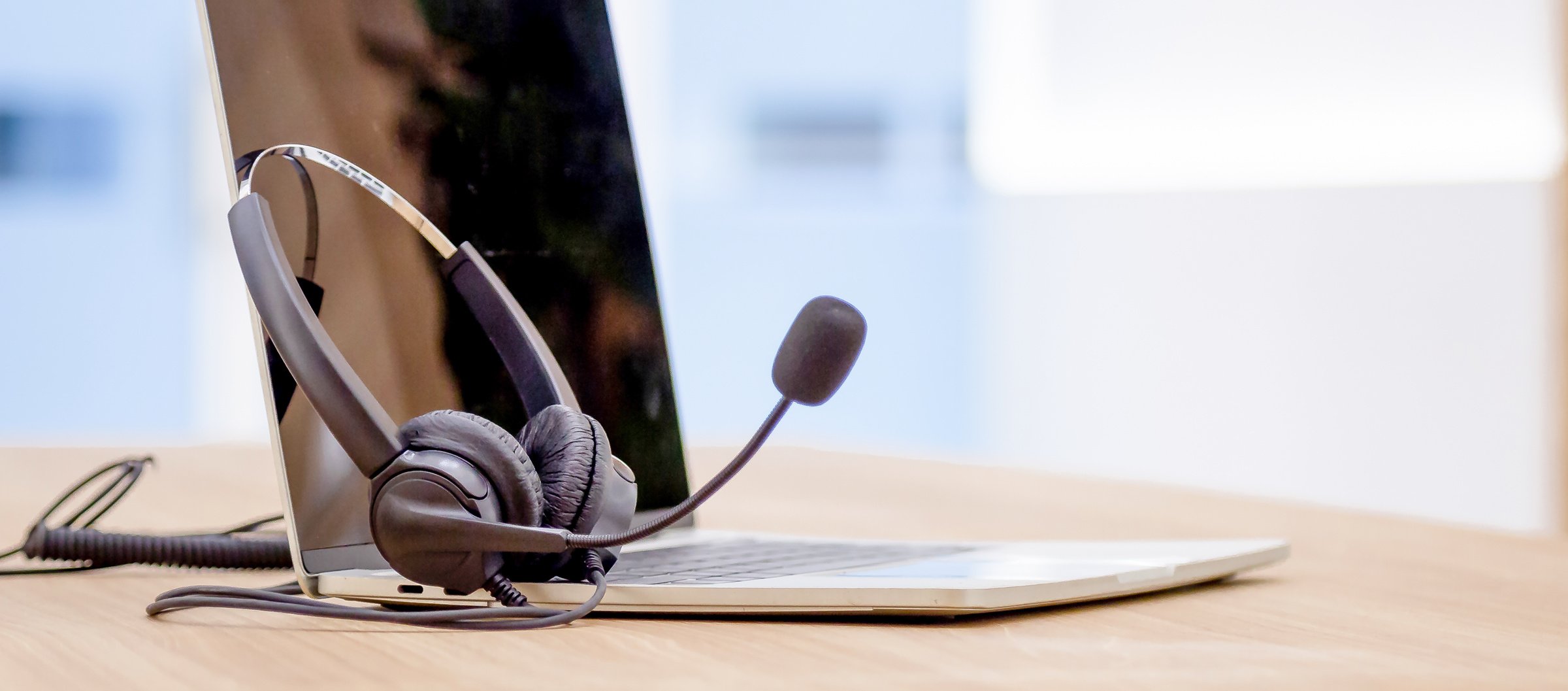 Headset and customer support equipment at call center service.